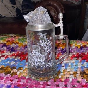 BX46 Silver and Clear Glass 95% Zinn German Beer Stein with Boar Design